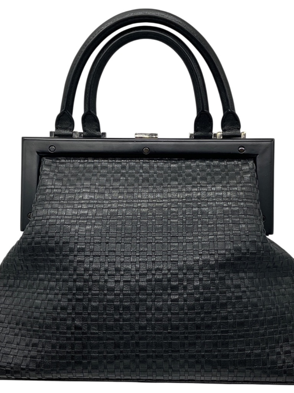 PERRIN PARIS BLACK WOVEN LEATHER SATCHEL TOP HANDLE BAG